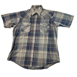 Ely Cattleman Pearl Snap Western Shirt Men's L Gray Plaid Short Sleeve Pockets